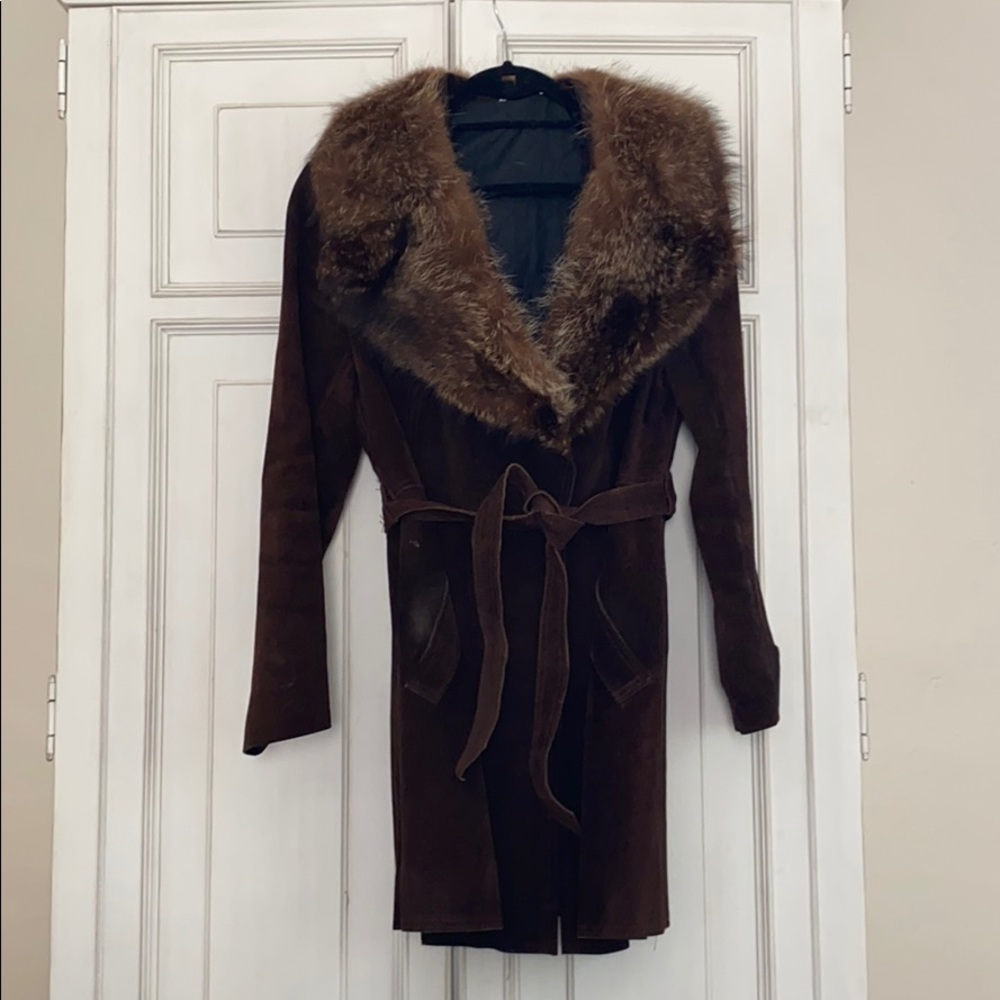 Vintage suede trench with fox fur collar